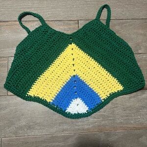 Handmade Crochet Crop Top in Green with Yellow & Blue Chevron